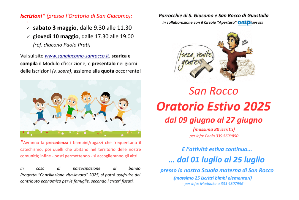 Oratorio Estivo 2025 (dal 9 al 27 giugno) – Attività estiva “extra” 2025 (dal 1 al 25 luglio) – A SAN ROCCO